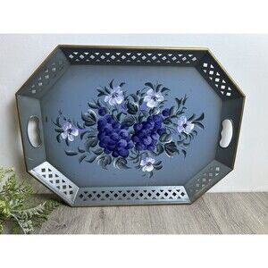 Vintage Blue Metal Nashco Tole Ware Tray Gold Trim Purple Flowers Hand Painted